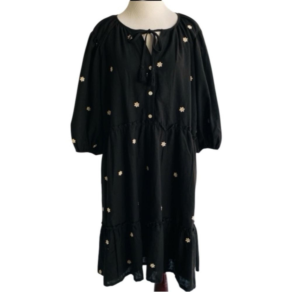 My Danielle Black Midi Dress Floral Embroidery XL Boho WhimsyGoth Cottagecore